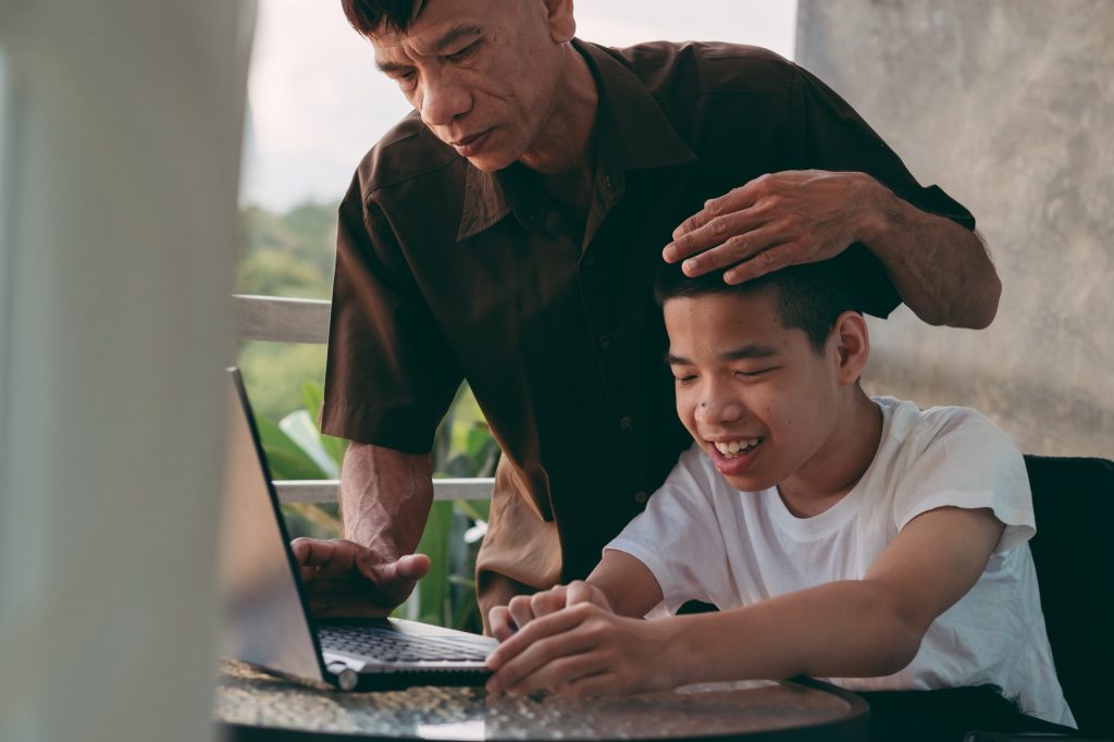 Study at house, Change the parents are teachers, Happy disability with special education concept.